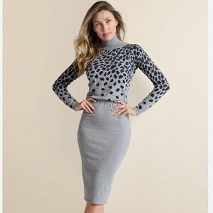 Lascana Gray Leopard Print Mock Neck Midi Pencil Sweater Dress Size 2 New